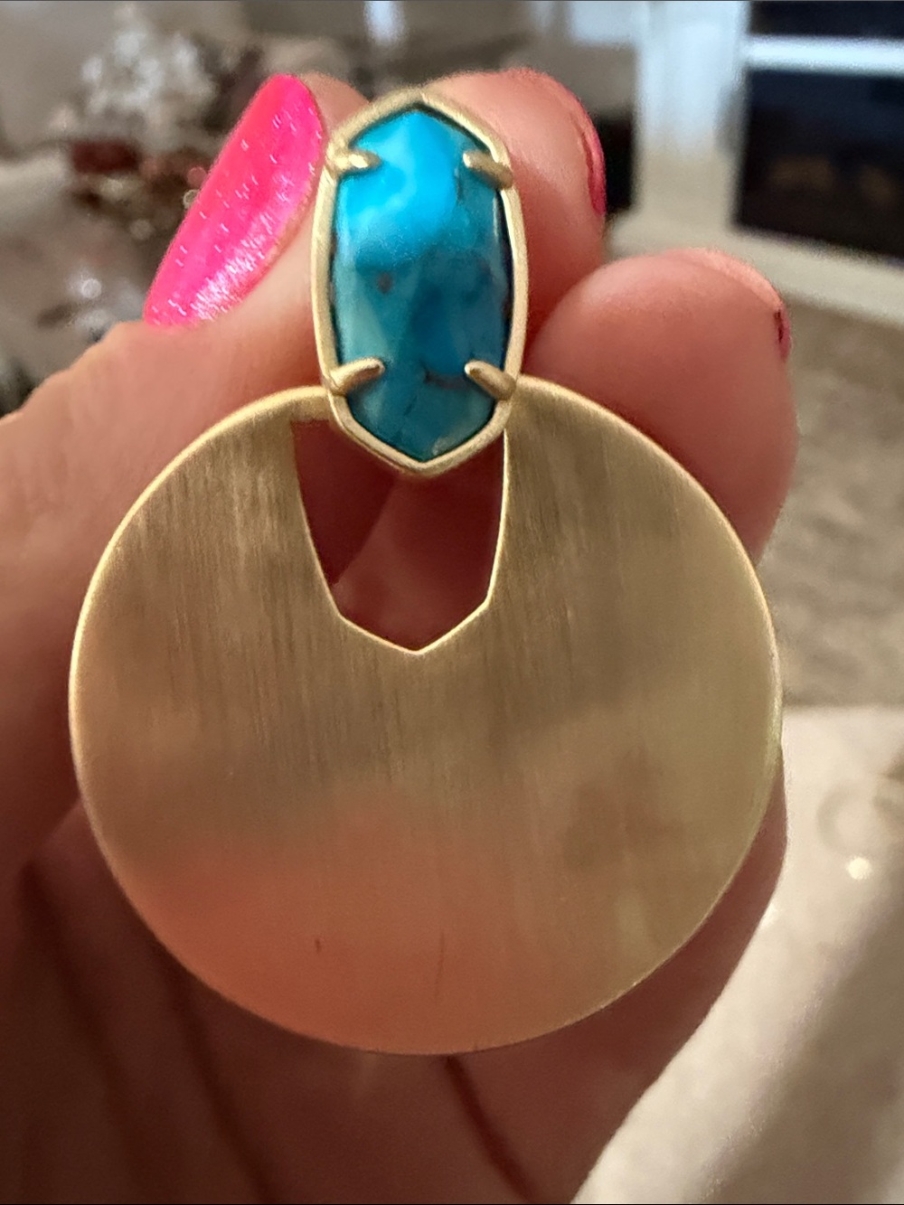 Kendra Scott Gold Disc Drop Earrings with Turquoise Stones - Picture 3 of 3